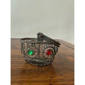 Vintage Miniature Twisted Wire Basket Jeweled Faux Gemstone Silver Tone Decor